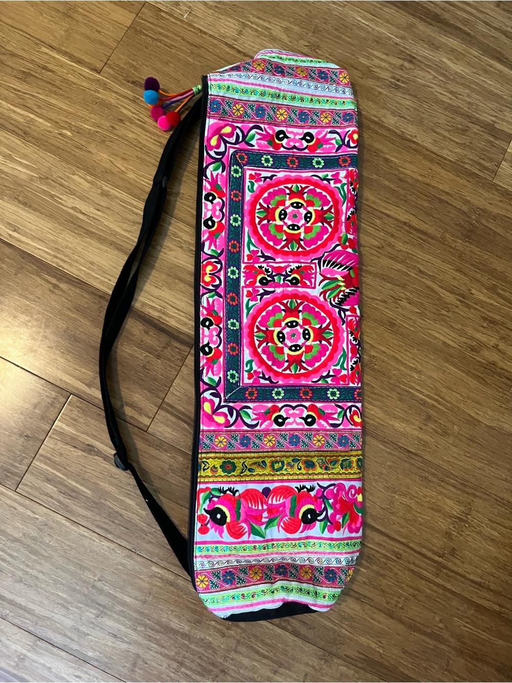 Vibrant Pink Embroidered Yoga Mat Bag with Shoulder Strap